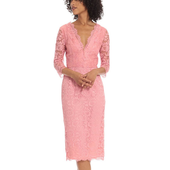 Maggy London NWT Pink V-Neck Lace Midi Dress 3/4 Sleeves Size 10 Blush Pink - Picture 1 of 11